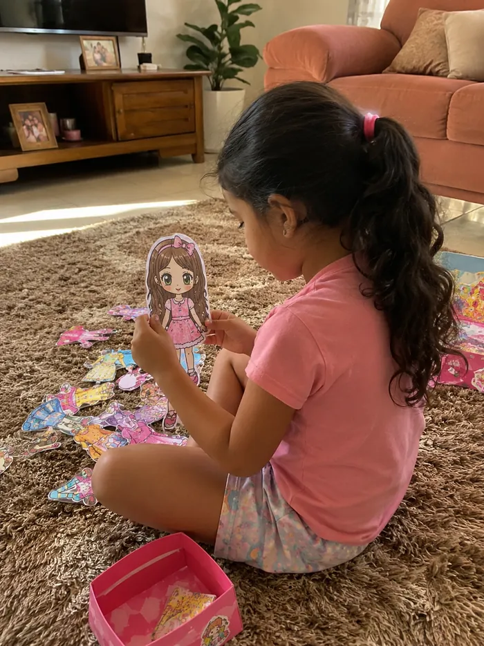 Niña jugando en la alfombra con muñecas de papel