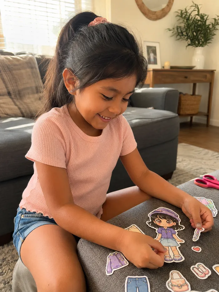 Niña vistiendo su muñeca de papel en la sala
