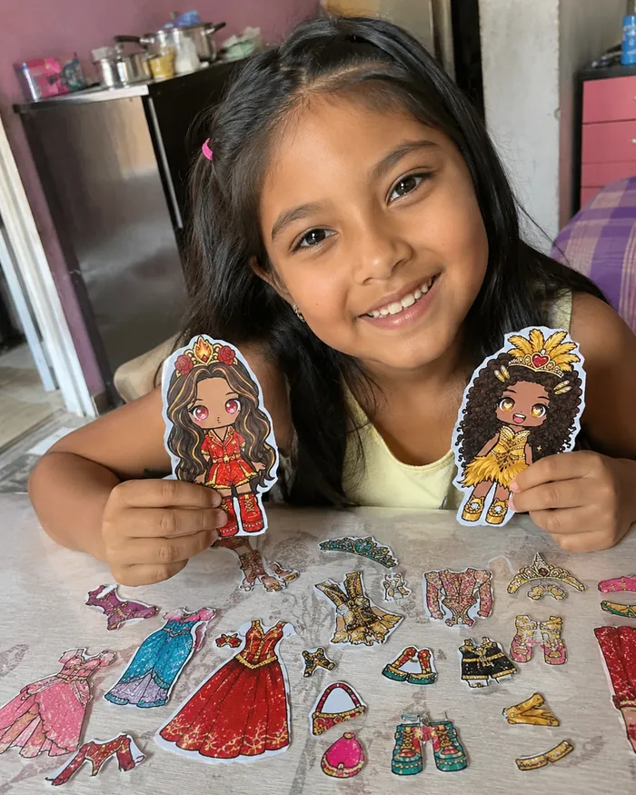 Niña mostrando dos muñecas de papel armadas